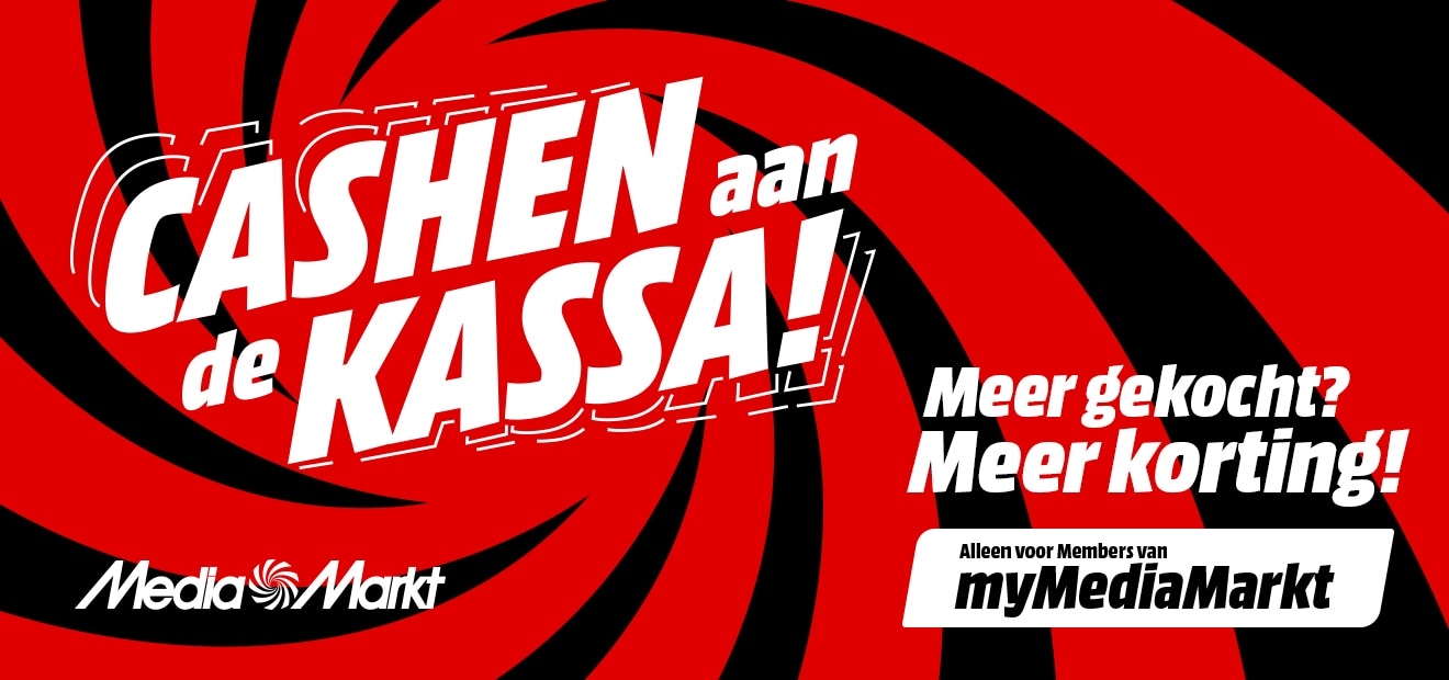 Promotieafbeelding van MediaMarkt met rode en zwarte spiraalachtergrond. Cashen aan de kassa! Meer gekocht? Meer korting! Alleen voor Members van myMediaMarkt
